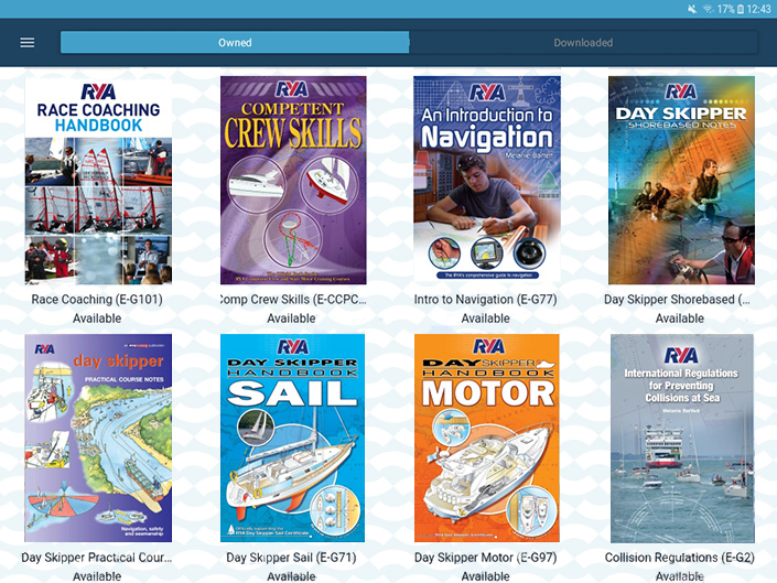 Screenshot from the RYA Books app for Android, showing the My Owned eBooks section in landscape view